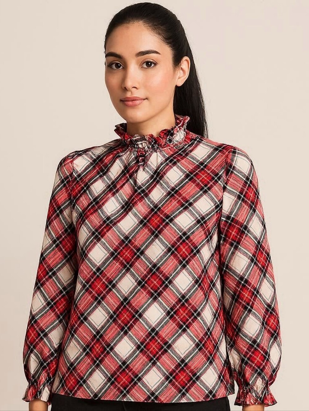 J Crew Snow Stewart Tartan Plaid Ruffle Neck Blouse